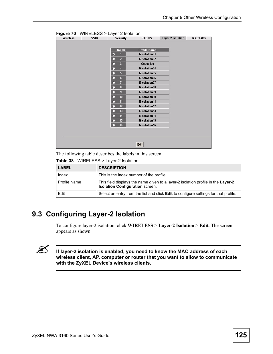 3 configuring layer-2 isolation, Figure 70 wireless > layer 2 isolation, Table 38 wireless > layer-2 isolation | ZyXEL Communications NWA-3160 Series User Manual | Page 125 / 320