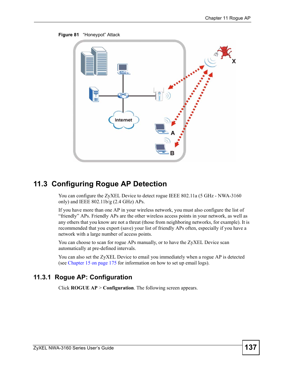 3 configuring rogue ap detection, 1 rogue ap: configuration, Figure 81 “honeypot” attack | ZyXEL Communications NWA-3160 Series User Manual | Page 137 / 320