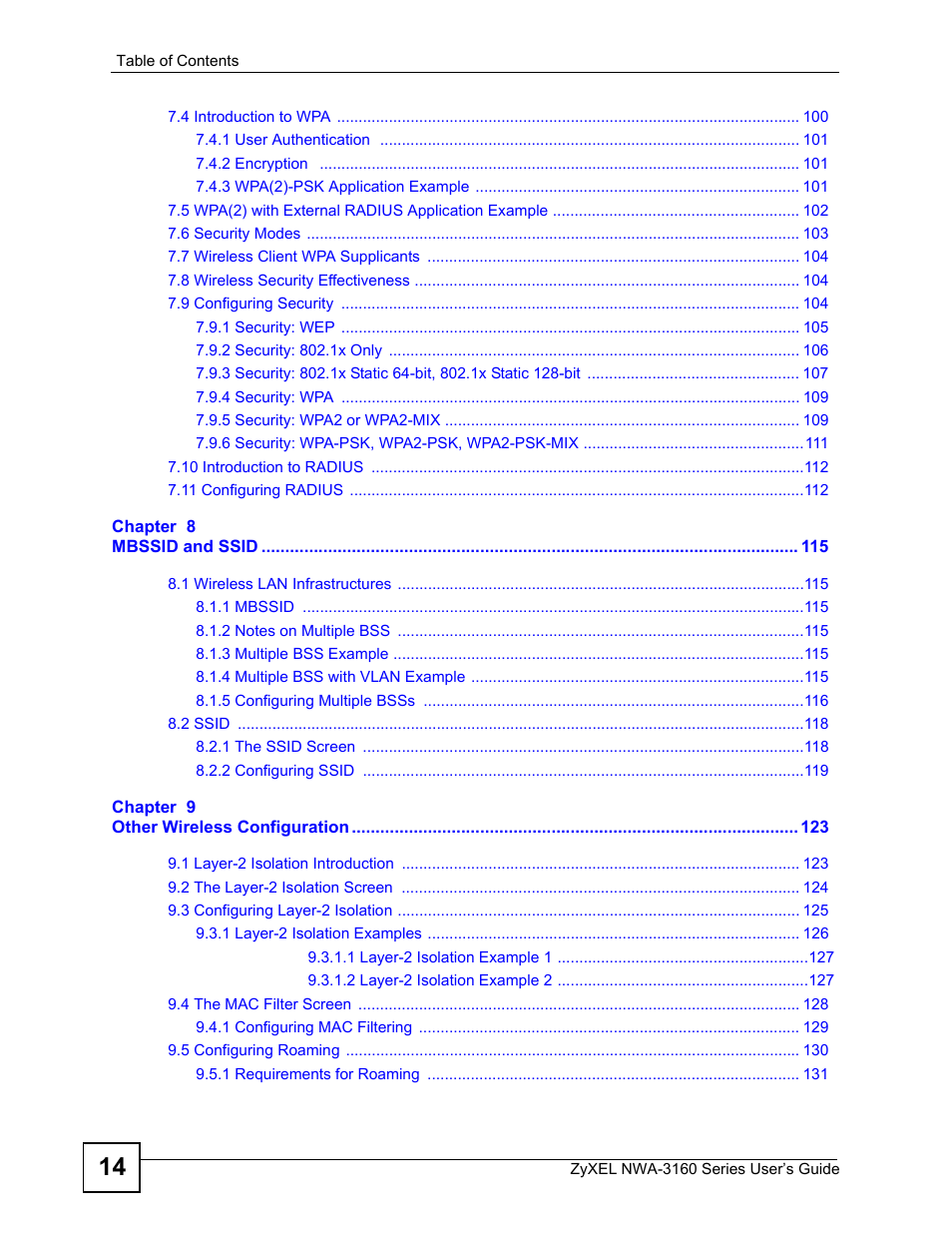 ZyXEL Communications NWA-3160 Series User Manual | Page 14 / 320