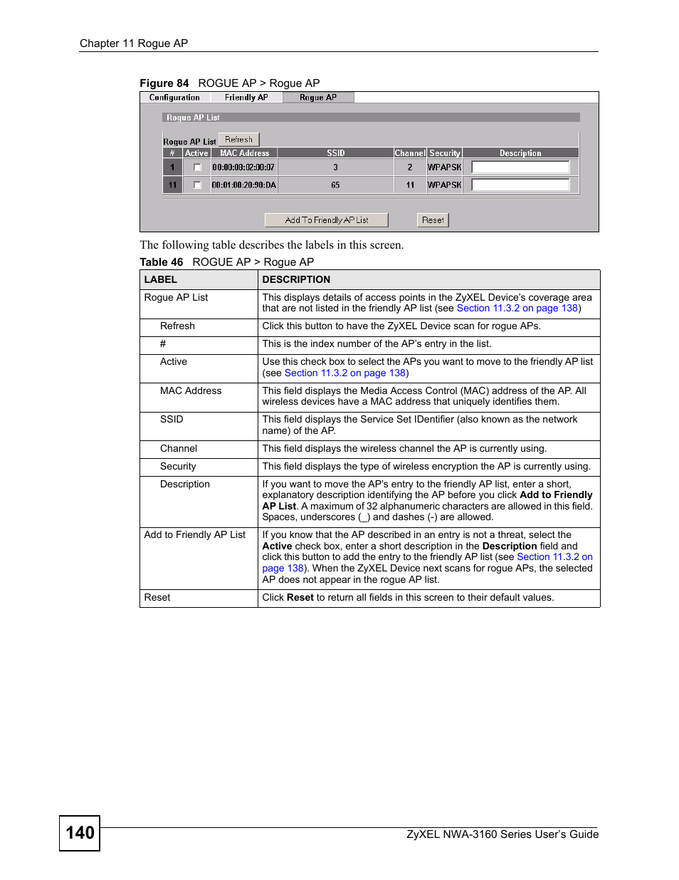 Figure 84 rogue ap > rogue ap, Table 46 rogue ap > rogue ap | ZyXEL Communications NWA-3160 Series User Manual | Page 140 / 320