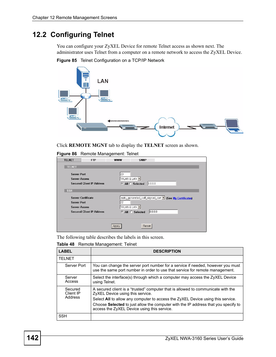 2 configuring telnet, Table 48 remote management: telnet | ZyXEL Communications NWA-3160 Series User Manual | Page 142 / 320