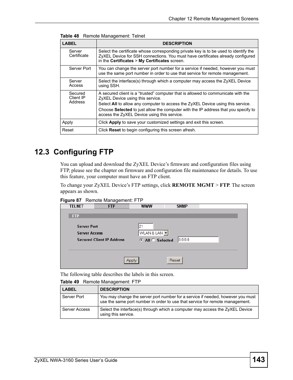 3 configuring ftp, Figure 87 remote management: ftp, Table 49 remote management: ftp | ZyXEL Communications NWA-3160 Series User Manual | Page 143 / 320
