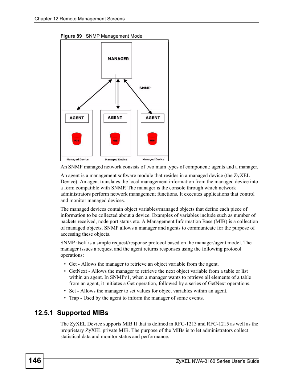 1 supported mibs, Figure 89 snmp management model | ZyXEL Communications NWA-3160 Series User Manual | Page 146 / 320