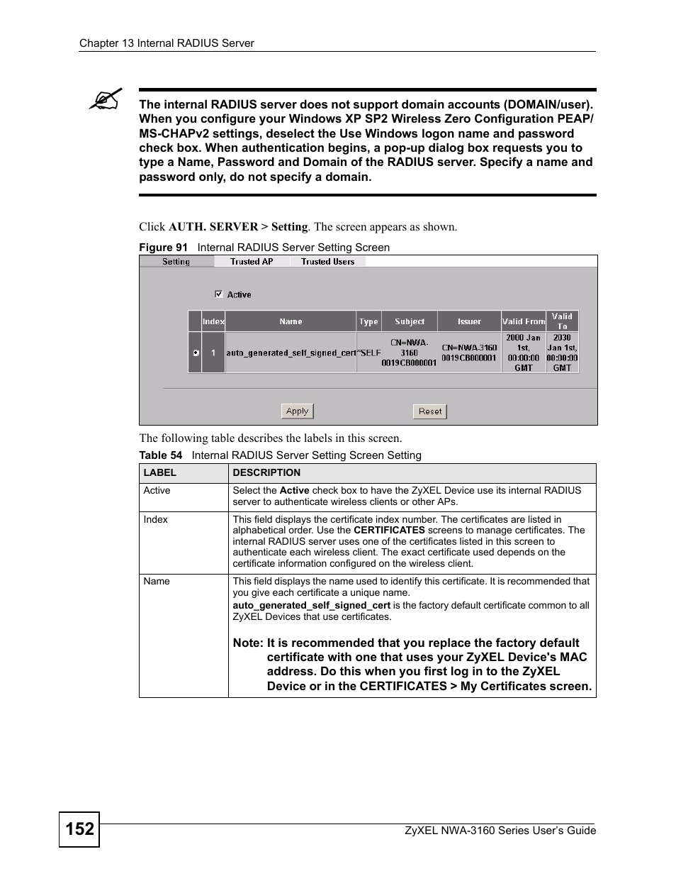 Figure 91 internal radius server setting screen | ZyXEL Communications NWA-3160 Series User Manual | Page 152 / 320