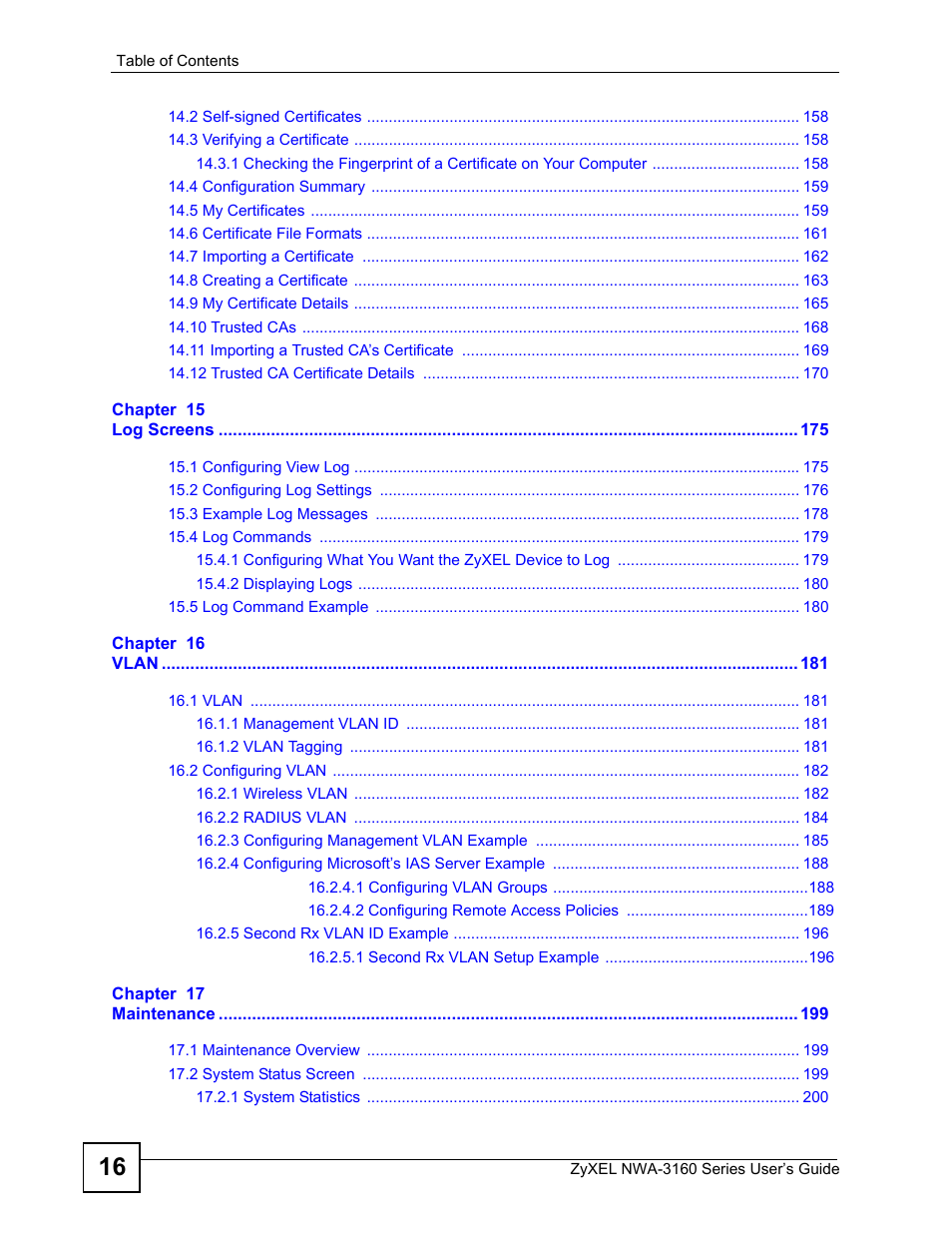 ZyXEL Communications NWA-3160 Series User Manual | Page 16 / 320