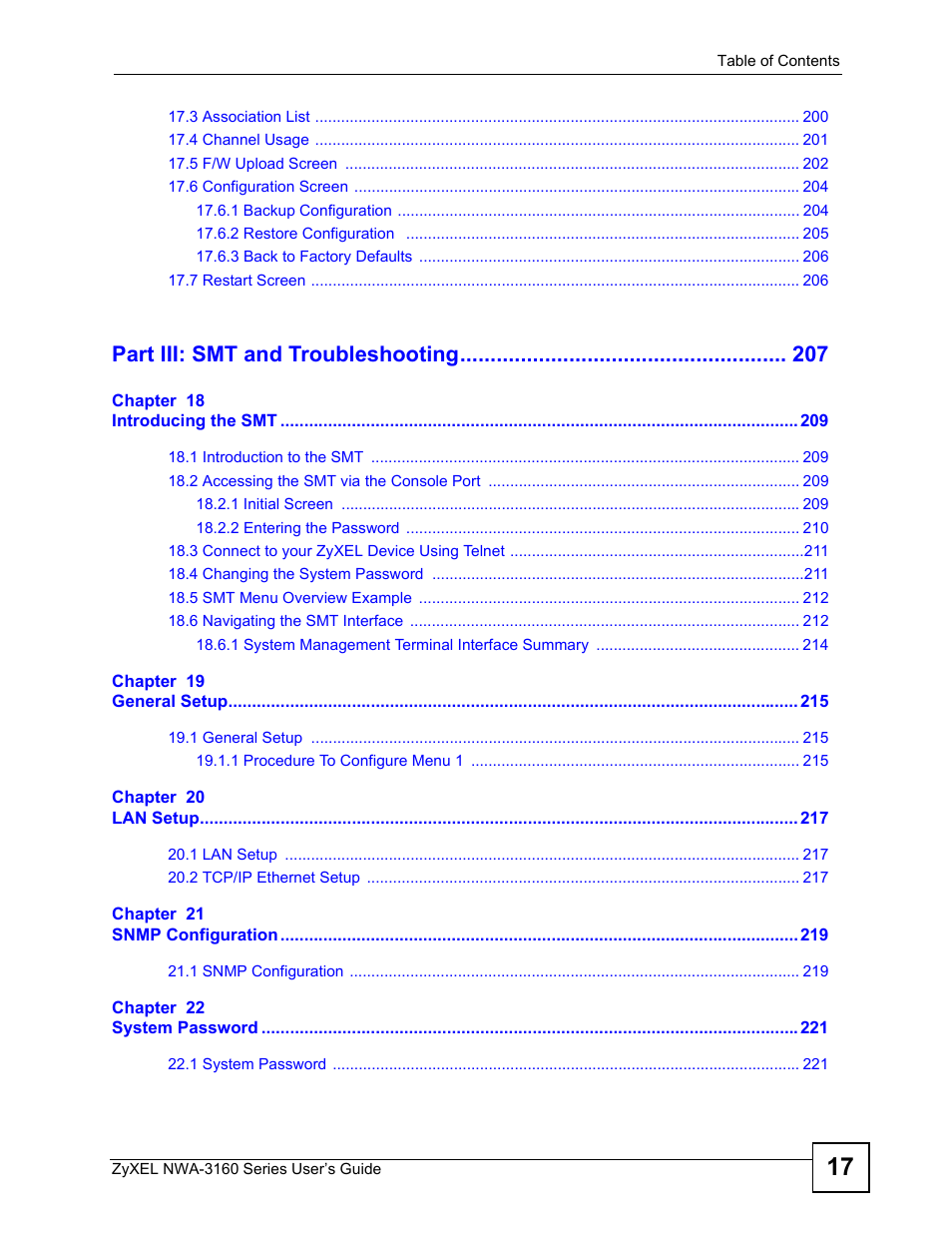 Part iii: smt and troubleshooting | ZyXEL Communications NWA-3160 Series User Manual | Page 17 / 320