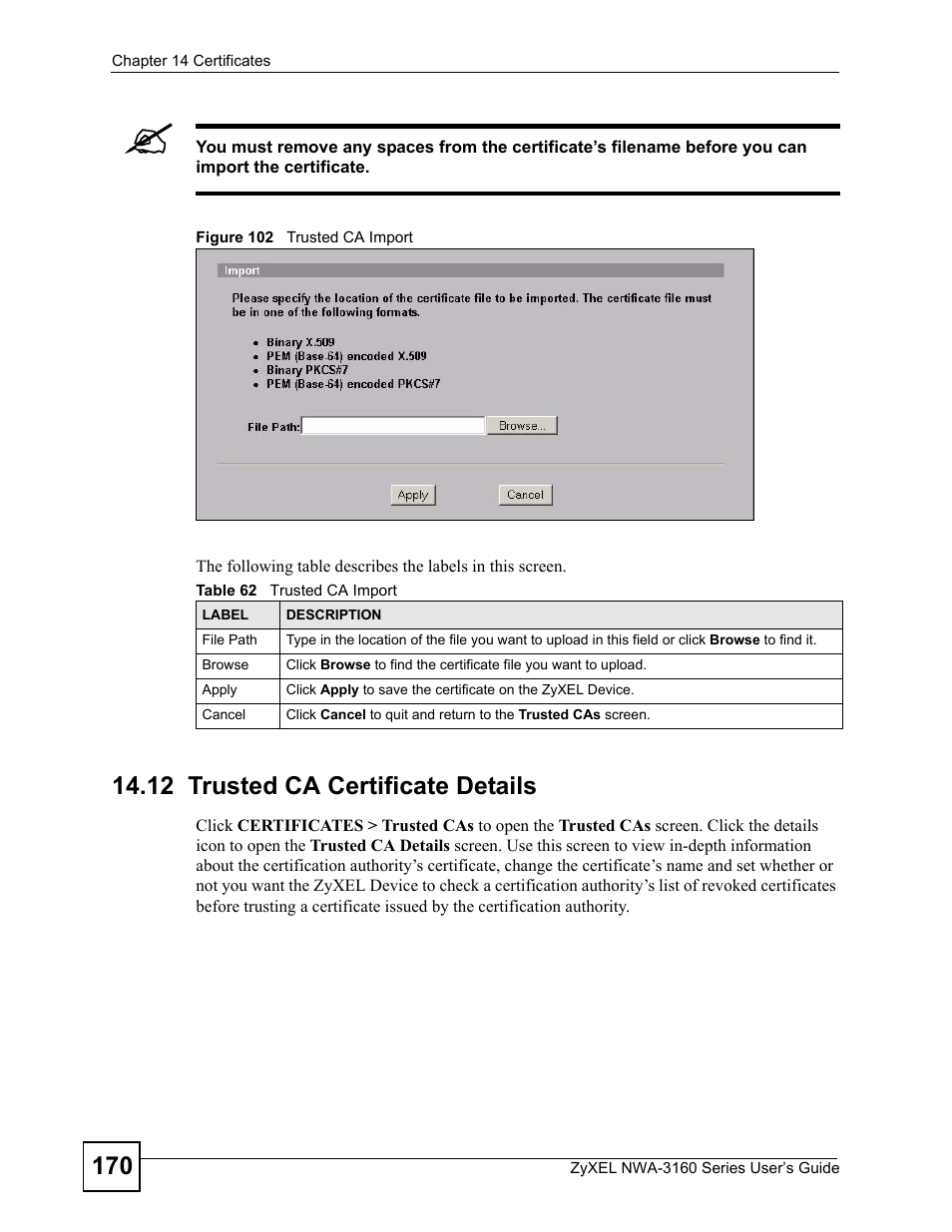 12 trusted ca certificate details, Figure 102 trusted ca import, Table 62 trusted ca import | ZyXEL Communications NWA-3160 Series User Manual | Page 170 / 320