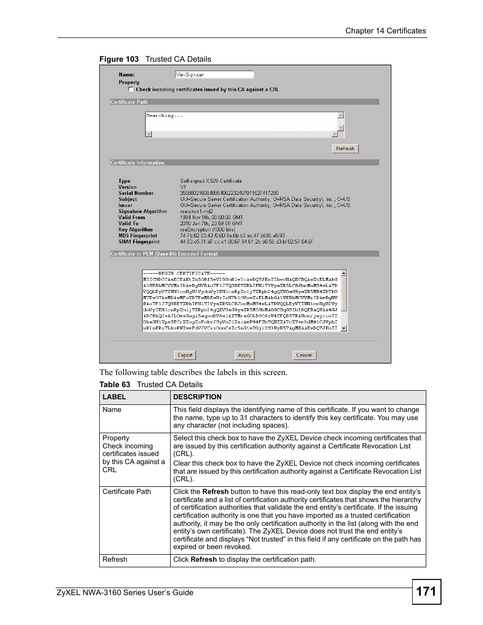 Figure 103 trusted ca details, Table 63 trusted ca details | ZyXEL Communications NWA-3160 Series User Manual | Page 171 / 320