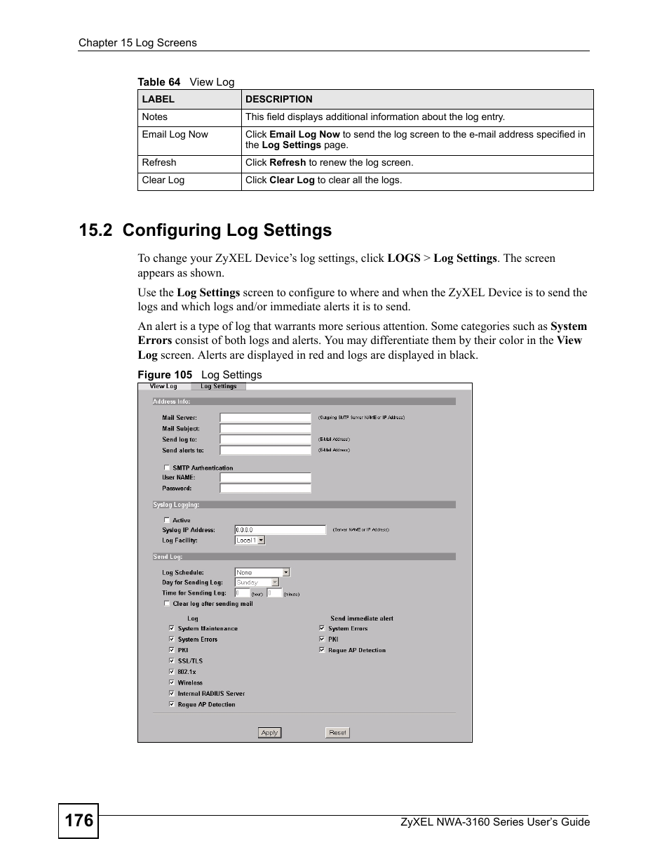 2 configuring log settings, Figure 105 log settings | ZyXEL Communications NWA-3160 Series User Manual | Page 176 / 320