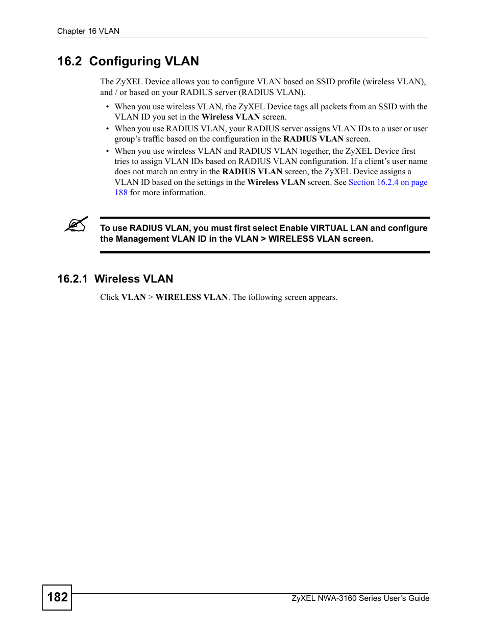 2 configuring vlan, 1 wireless vlan | ZyXEL Communications NWA-3160 Series User Manual | Page 182 / 320