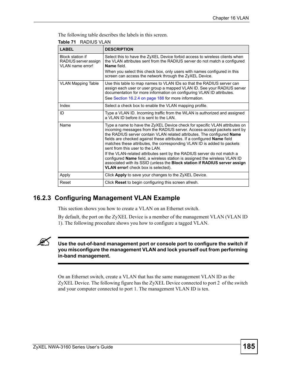 3 configuring management vlan example, Table 71 radius vlan | ZyXEL Communications NWA-3160 Series User Manual | Page 185 / 320