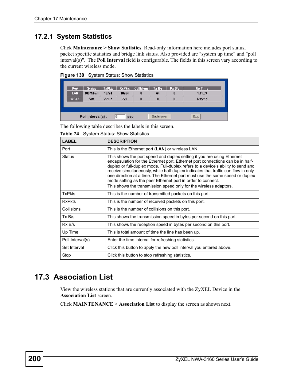 1 system statistics, 3 association list, Figure 130 system status: show statistics | Table 74 system status: show statistics, Section | ZyXEL Communications NWA-3160 Series User Manual | Page 200 / 320