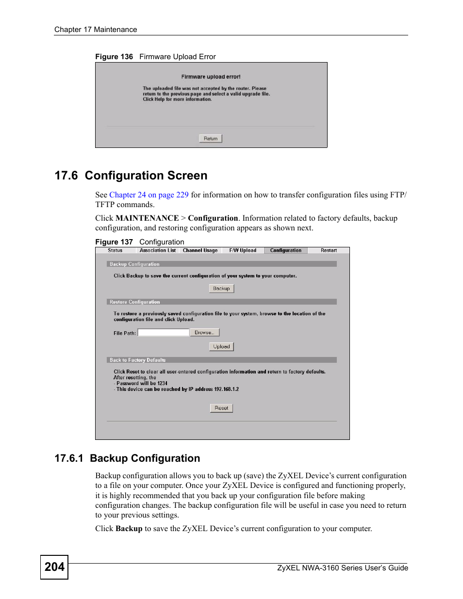 6 configuration screen, 1 backup configuration | ZyXEL Communications NWA-3160 Series User Manual | Page 204 / 320