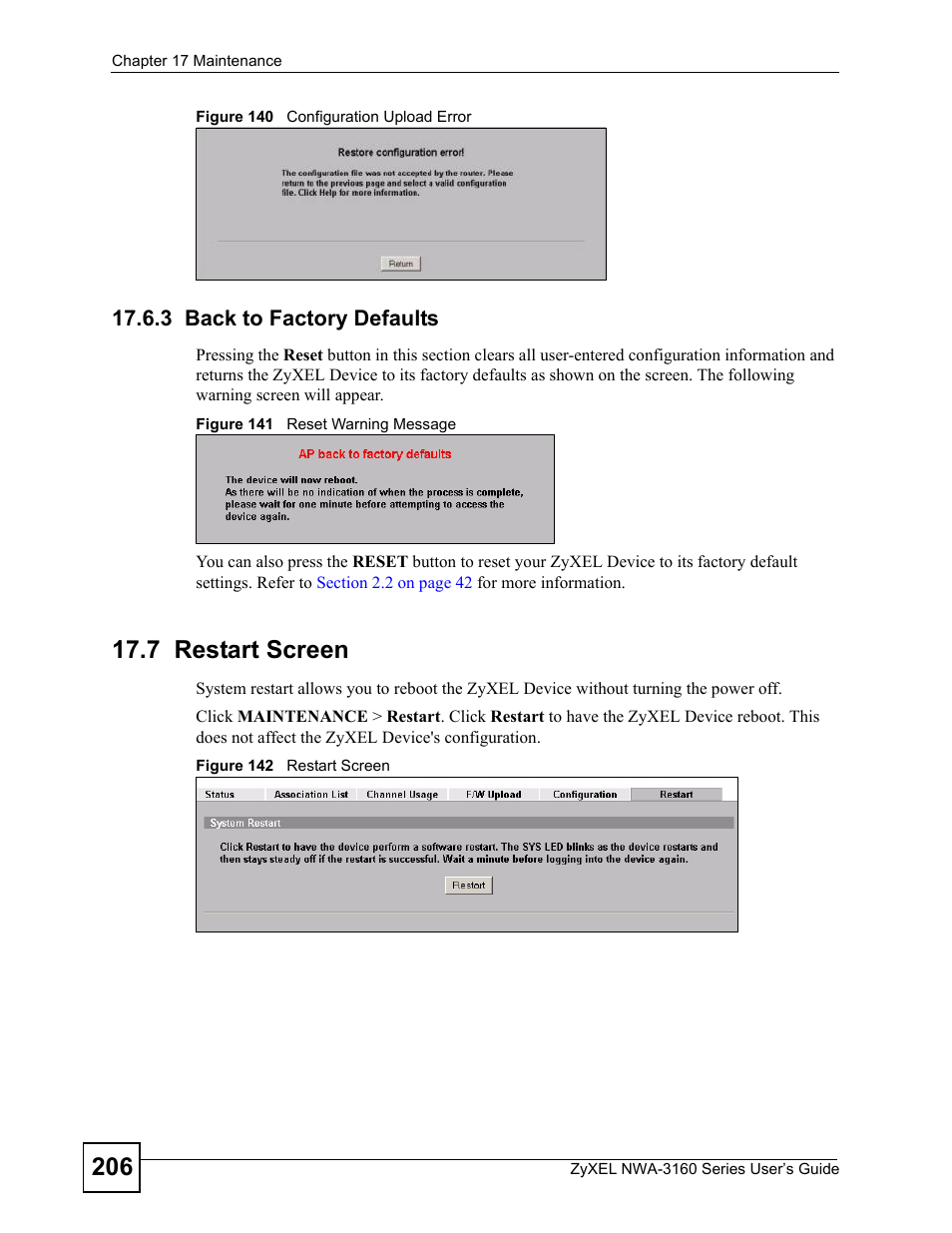 3 back to factory defaults, 7 restart screen | ZyXEL Communications NWA-3160 Series User Manual | Page 206 / 320