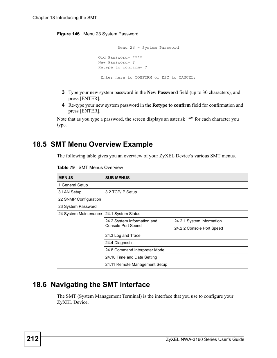 5 smt menu overview example, 6 navigating the smt interface, Figure 146 menu 23 system password | Table 79 smt menus overview | ZyXEL Communications NWA-3160 Series User Manual | Page 212 / 320