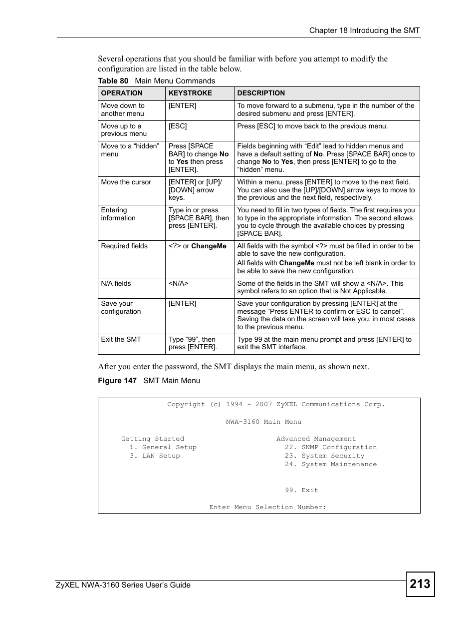 Figure 147 smt main menu, Table 80 main menu commands | ZyXEL Communications NWA-3160 Series User Manual | Page 213 / 320