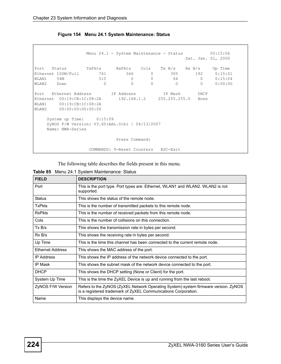 Figure 154 menu 24.1 system maintenance: status, Table 85 menu 24.1 system maintenance: status | ZyXEL Communications NWA-3160 Series User Manual | Page 224 / 320