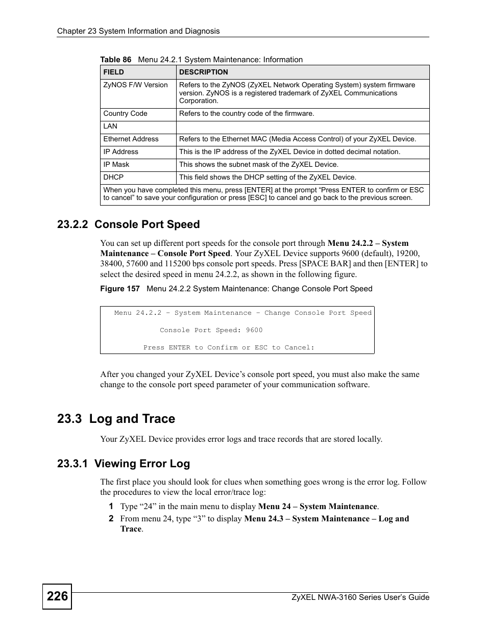 2 console port speed, 3 log and trace, 1 viewing error log | ZyXEL Communications NWA-3160 Series User Manual | Page 226 / 320