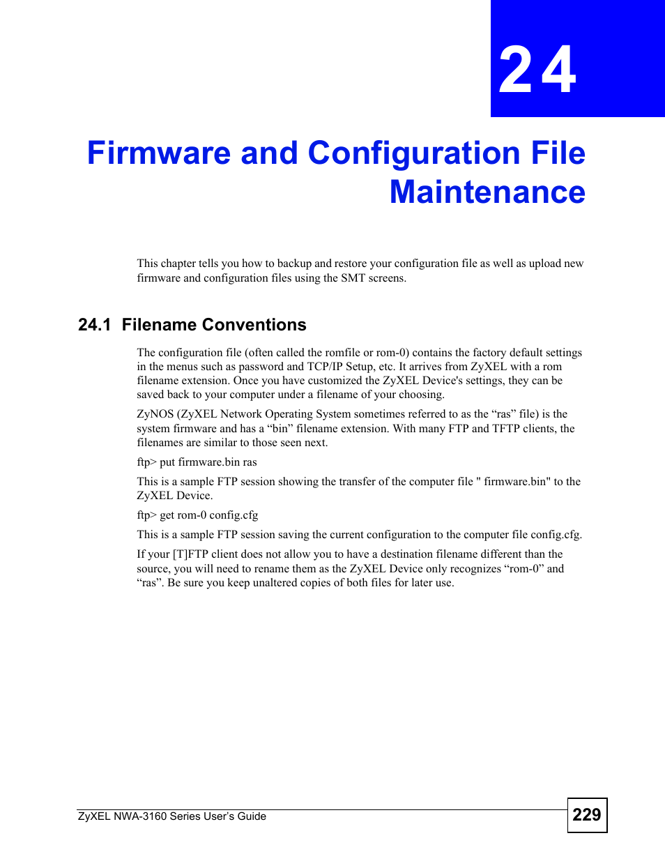 Firmware and configuration file maintenance, 1 filename conventions, Firmware and configuration file maintenance (229) | ZyXEL Communications NWA-3160 Series User Manual | Page 229 / 320