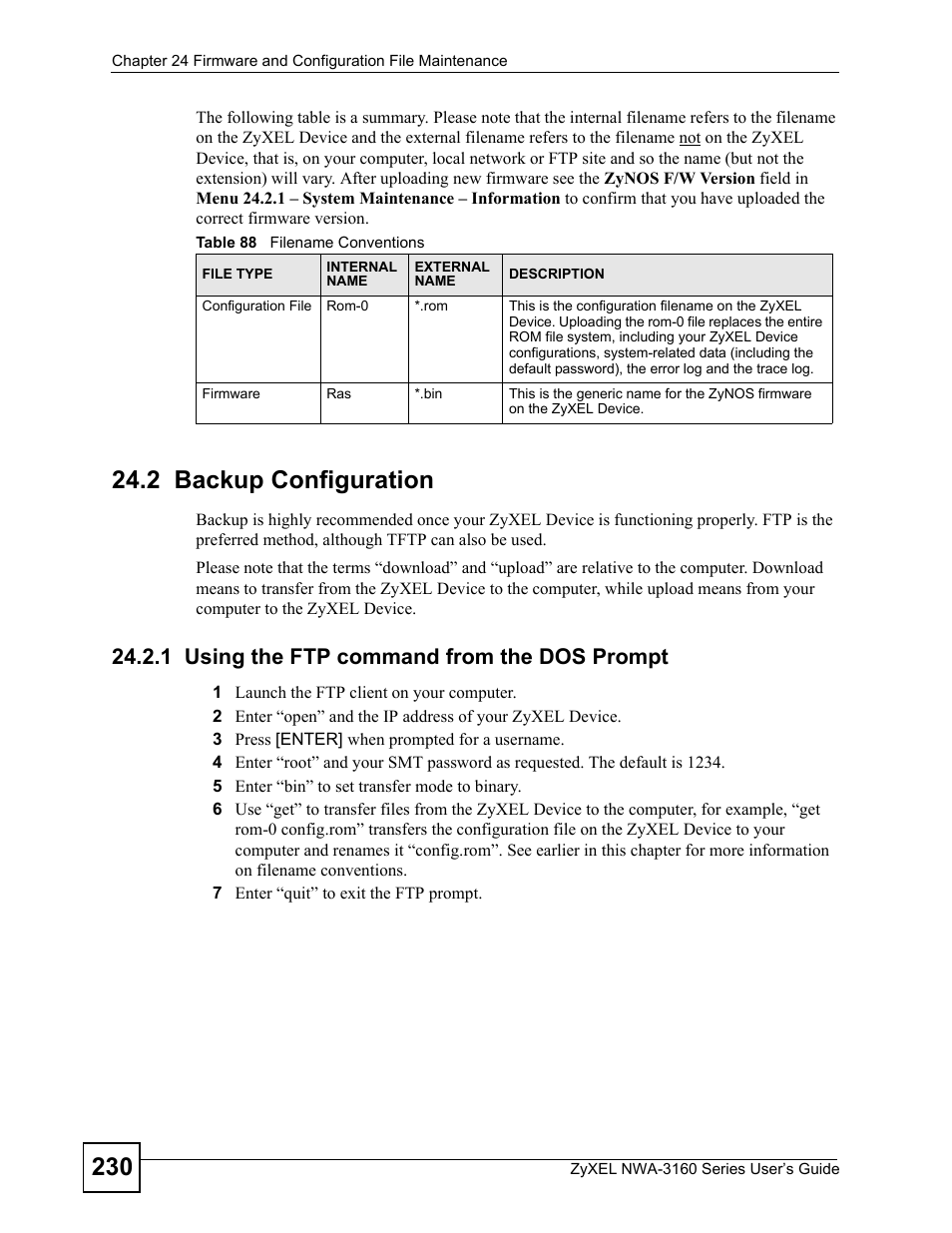 2 backup configuration, 1 using the ftp command from the dos prompt, Table 88 filename conventions | ZyXEL Communications NWA-3160 Series User Manual | Page 230 / 320