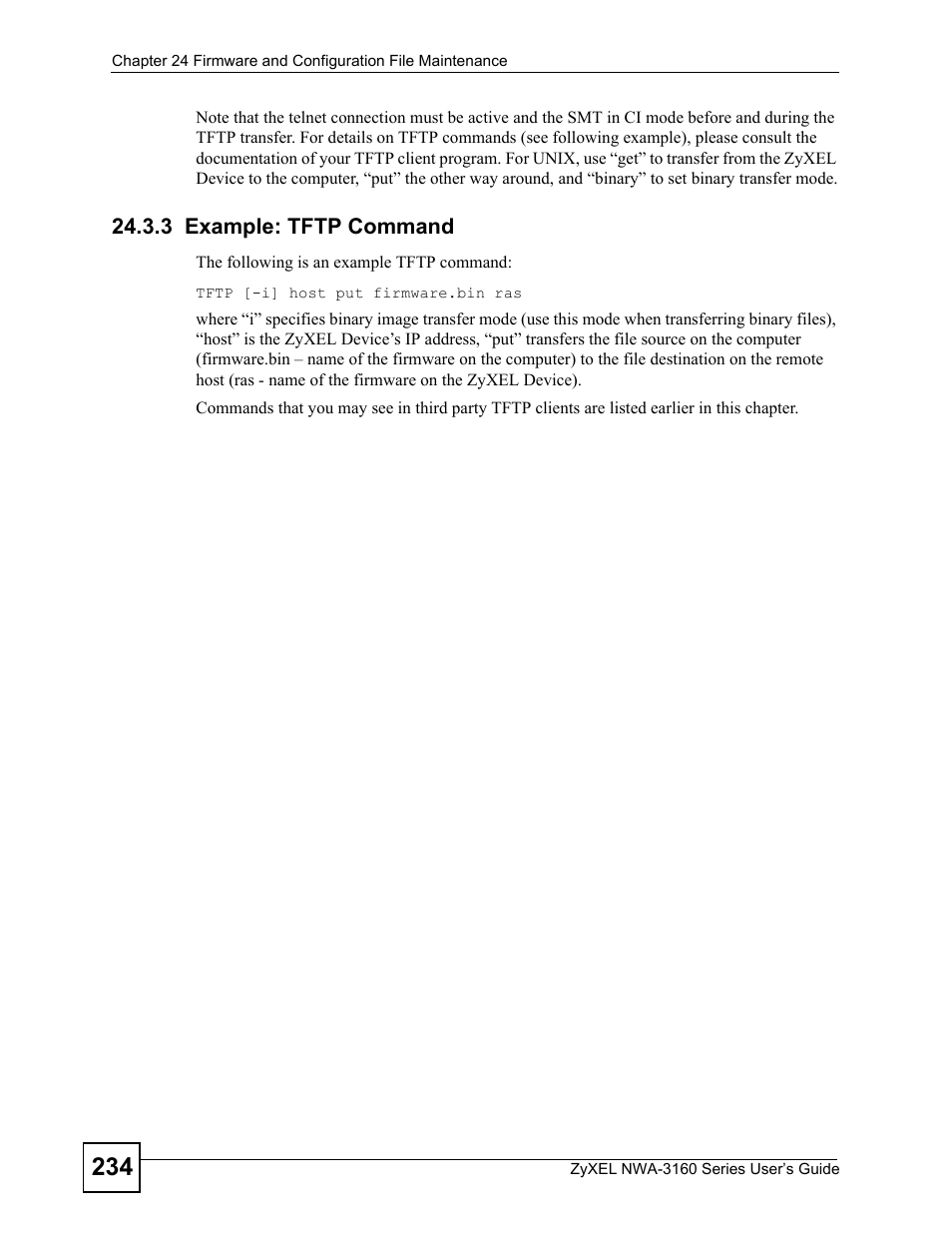 3 example: tftp command | ZyXEL Communications NWA-3160 Series User Manual | Page 234 / 320