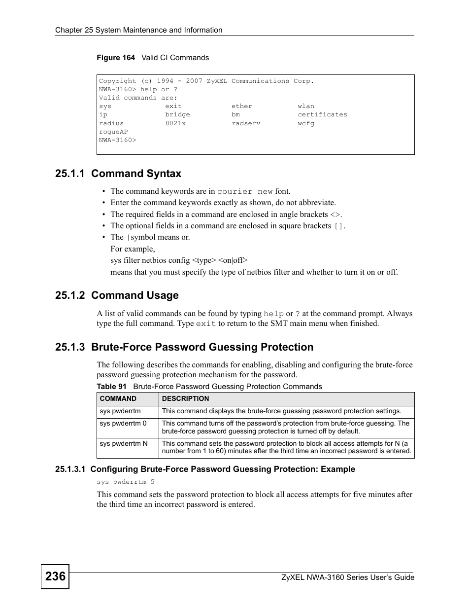 1 command syntax, 2 command usage, 3 brute-force password guessing protection | Figure 164 valid ci commands | ZyXEL Communications NWA-3160 Series User Manual | Page 236 / 320