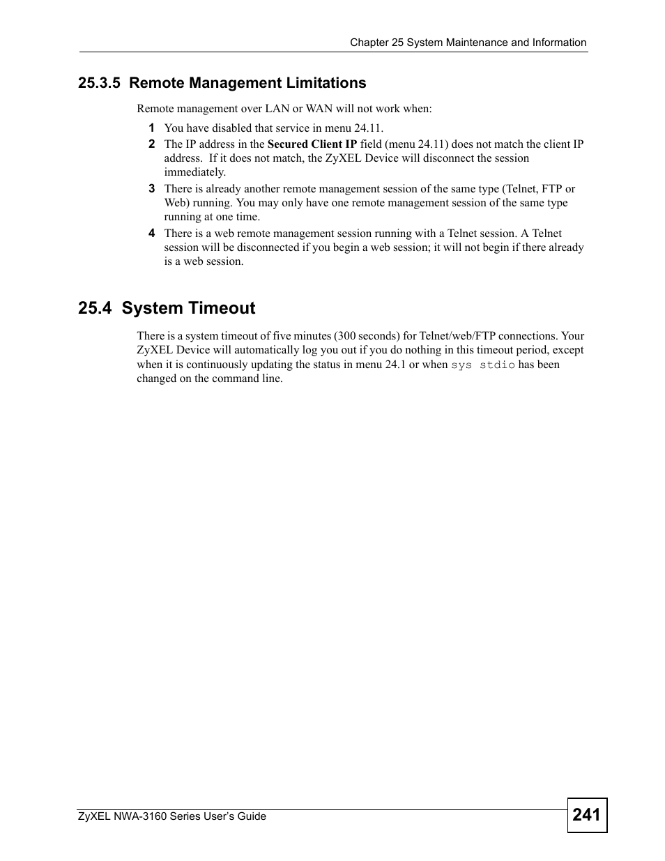 5 remote management limitations, 4 system timeout | ZyXEL Communications NWA-3160 Series User Manual | Page 241 / 320