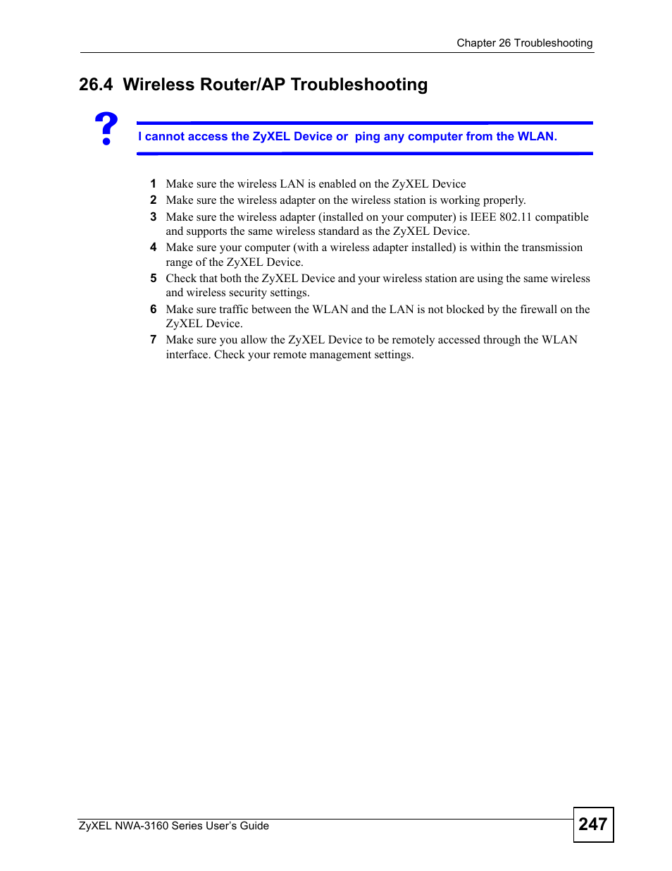 4 wireless router/ap troubleshooting, Wireless router/ap troubleshooting | ZyXEL Communications NWA-3160 Series User Manual | Page 247 / 320