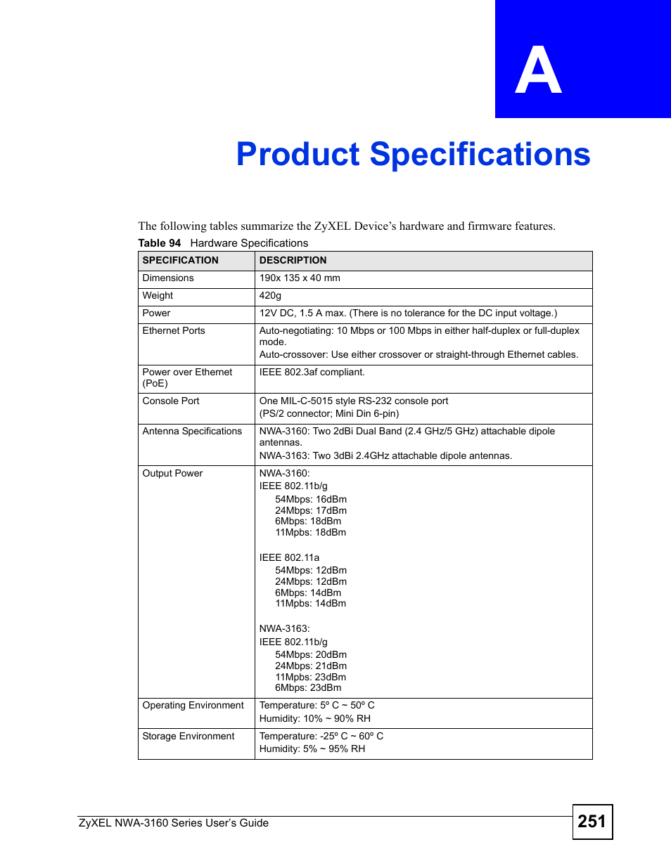 Product specifications, Appendix a product specifications, Table 94 hardware specifications | Product specifications (251) | ZyXEL Communications NWA-3160 Series User Manual | Page 251 / 320