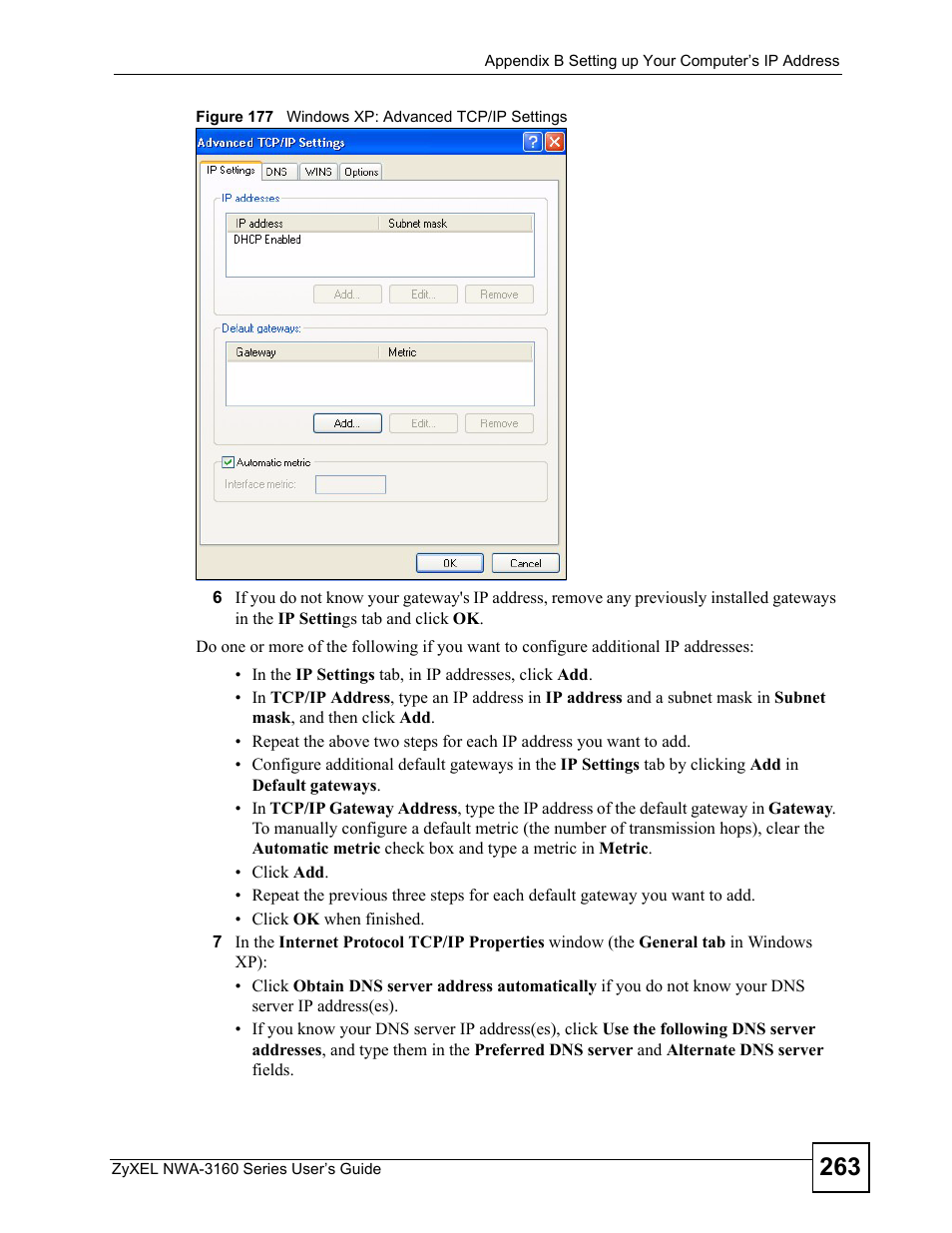 Figure 177 windows xp: advanced tcp/ip settings | ZyXEL Communications NWA-3160 Series User Manual | Page 263 / 320