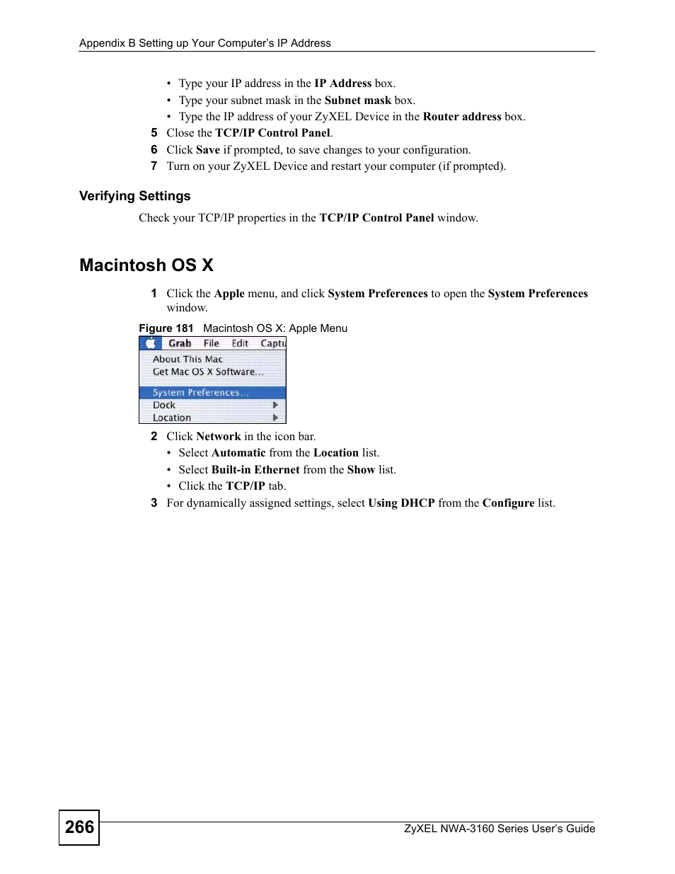 Figure 181 macintosh os x: apple menu, Macintosh os x | ZyXEL Communications NWA-3160 Series User Manual | Page 266 / 320