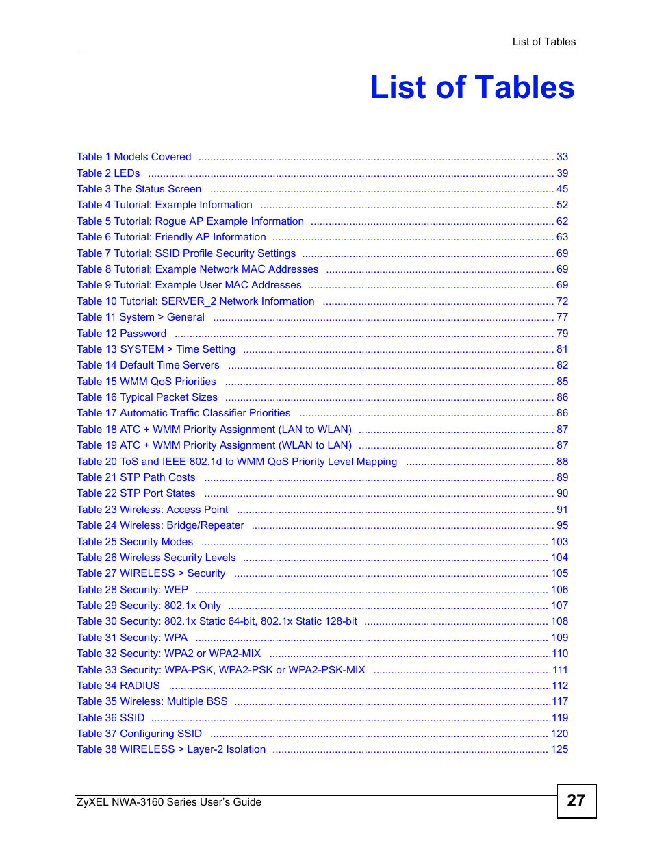 List of tables | ZyXEL Communications NWA-3160 Series User Manual | Page 27 / 320