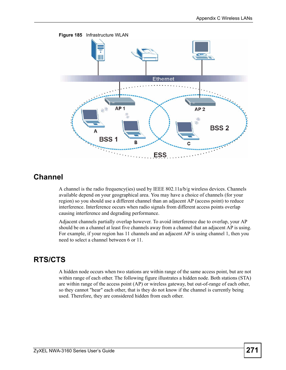 Figure 185 infrastructure wlan, Channel, Rts/cts | ZyXEL Communications NWA-3160 Series User Manual | Page 271 / 320