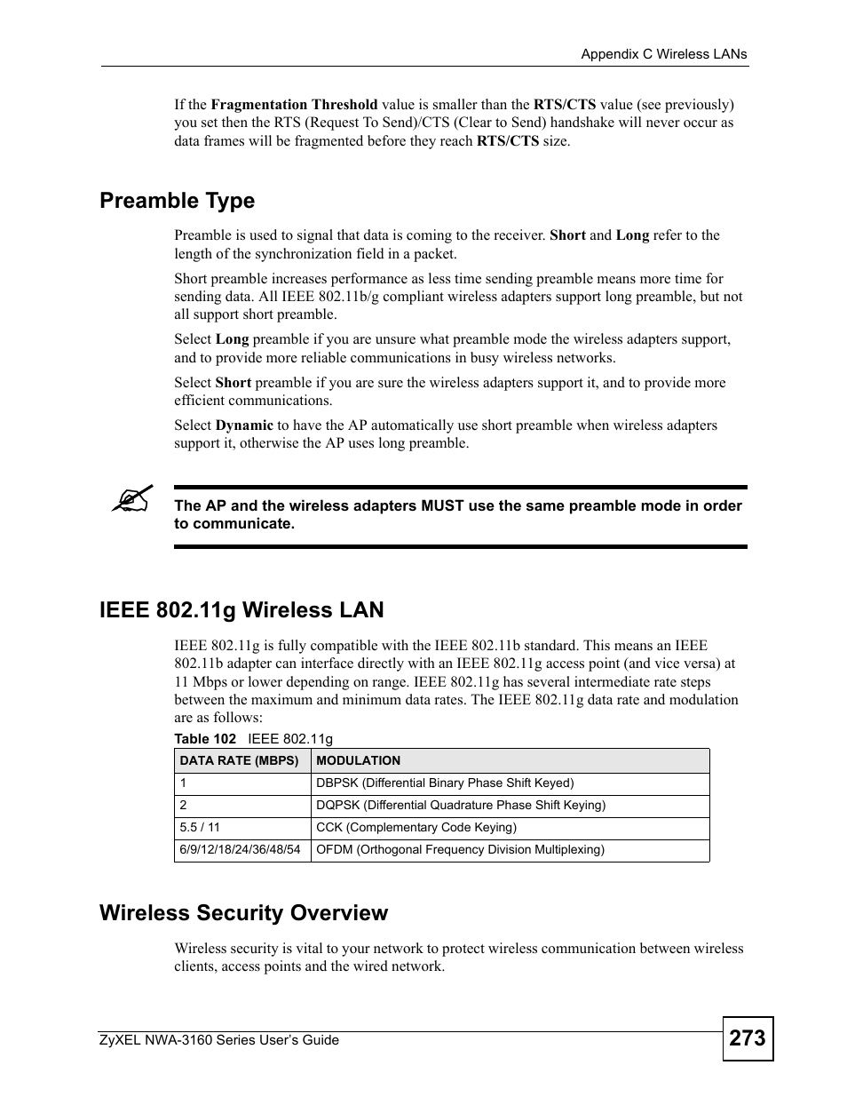 Table 102 ieee 802.11g, Preamble type, Wireless security overview | ZyXEL Communications NWA-3160 Series User Manual | Page 273 / 320