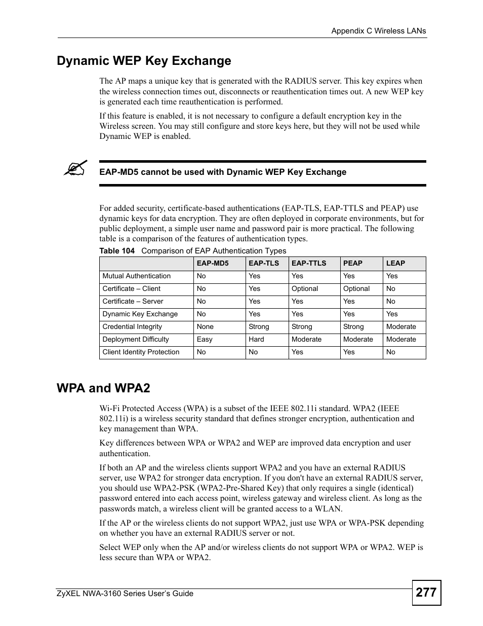 Table 104 comparison of eap authentication types, 277 dynamic wep key exchange, Wpa and wpa2 | ZyXEL Communications NWA-3160 Series User Manual | Page 277 / 320