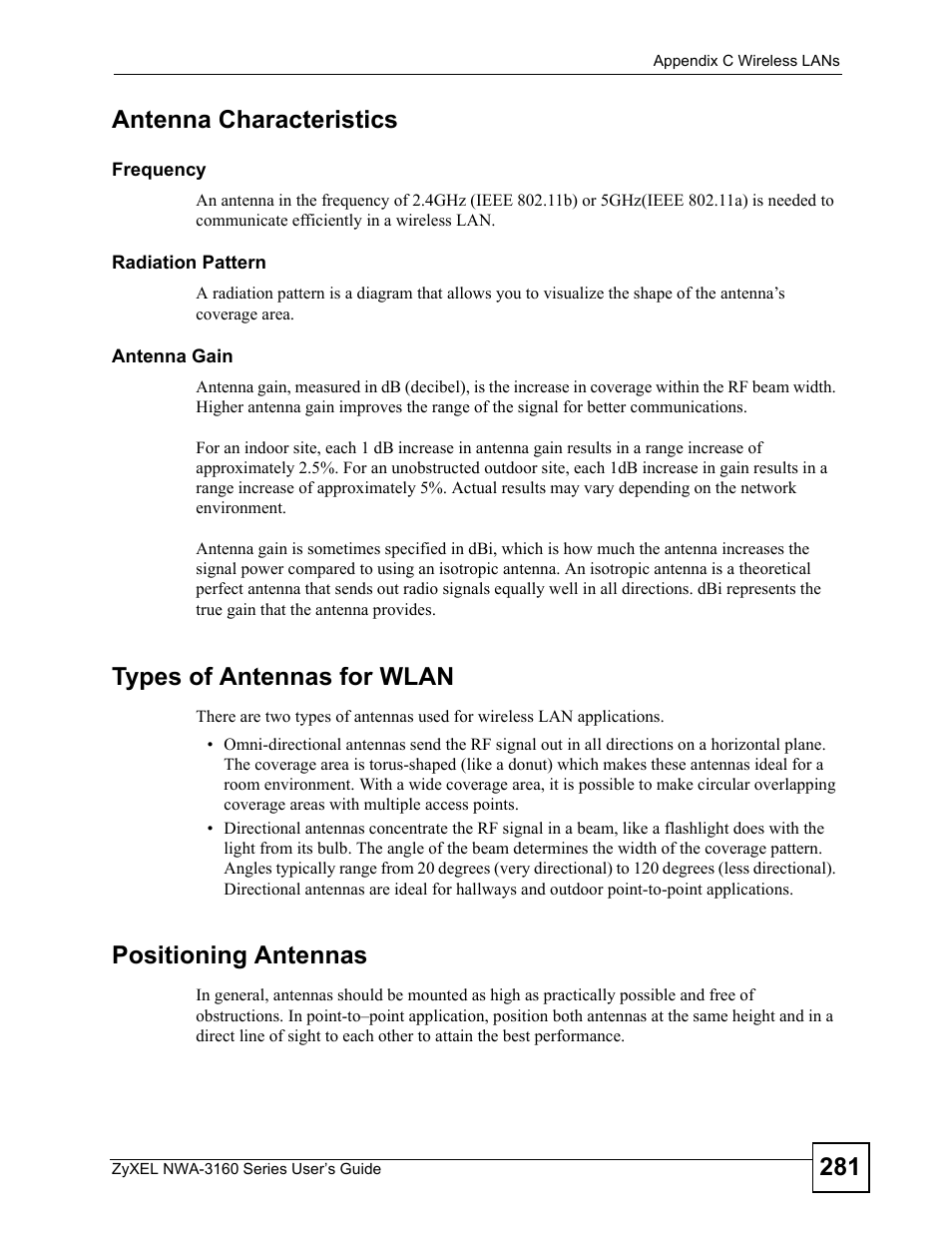 281 antenna characteristics, Types of antennas for wlan, Positioning antennas | ZyXEL Communications NWA-3160 Series User Manual | Page 281 / 320