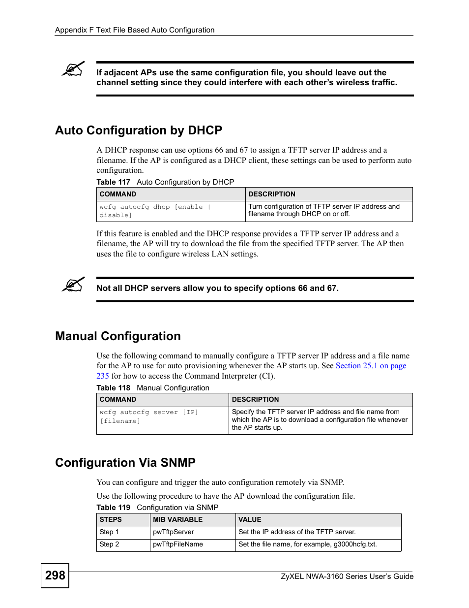 Auto configuration by dhcp, Manual configuration, Configuration via snmp | ZyXEL Communications NWA-3160 Series User Manual | Page 298 / 320