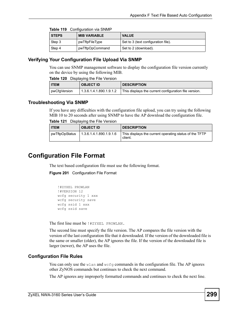 Figure 201 configuration file format, Configuration file format | ZyXEL Communications NWA-3160 Series User Manual | Page 299 / 320