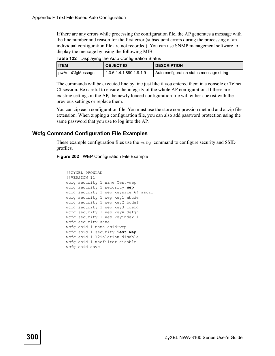 Figure 202 wep configuration file example, Table 122 displaying the auto configuration status | ZyXEL Communications NWA-3160 Series User Manual | Page 300 / 320