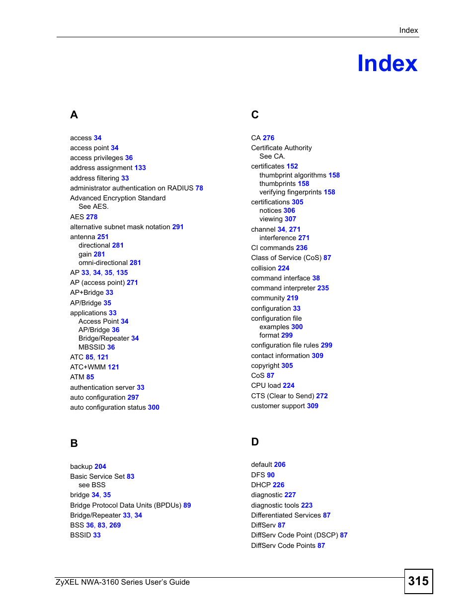 Index, Index (315) | ZyXEL Communications NWA-3160 Series User Manual | Page 315 / 320