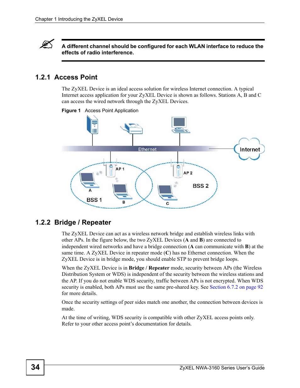 1 access point, 2 bridge / repeater, 1 access point 1.2.2 bridge / repeater | Figure 1 access point application | ZyXEL Communications NWA-3160 Series User Manual | Page 34 / 320