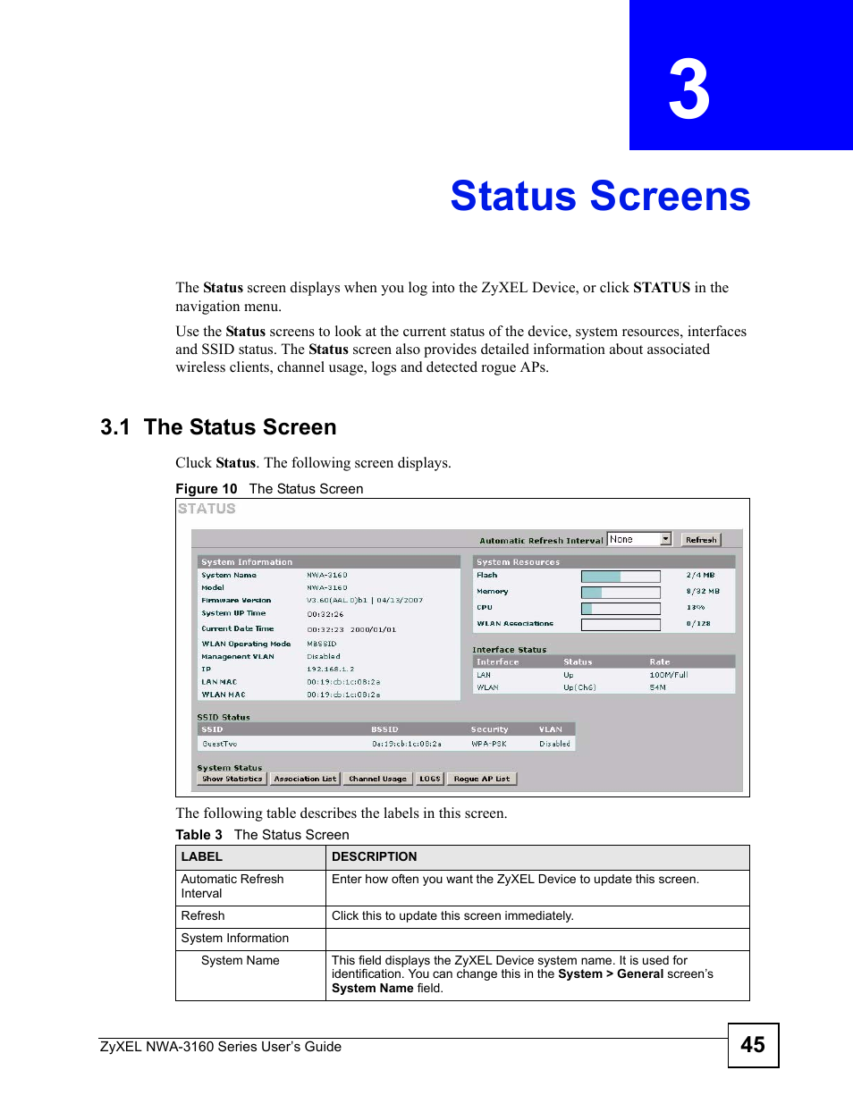 Status screens, 1 the status screen, Chapter 3 status screens | Figure 10 the status screen, Table 3 the status screen, Status screens (45) | ZyXEL Communications NWA-3160 Series User Manual | Page 45 / 320