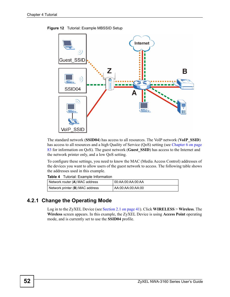 1 change the operating mode, Figure 12 tutorial: example mbssid setup, Table 4 tutorial: example information | ZyXEL Communications NWA-3160 Series User Manual | Page 52 / 320