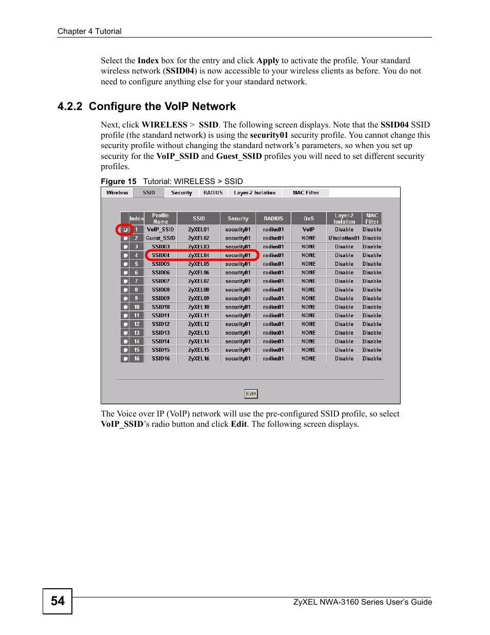 2 configure the voip network, Figure 15 tutorial: wireless > ssid | ZyXEL Communications NWA-3160 Series User Manual | Page 54 / 320