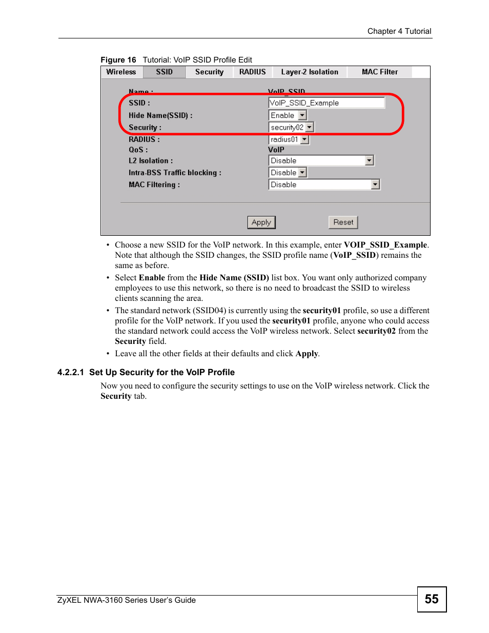 1 set up security for the voip profile, Figure 16 tutorial: voip ssid profile edit | ZyXEL Communications NWA-3160 Series User Manual | Page 55 / 320