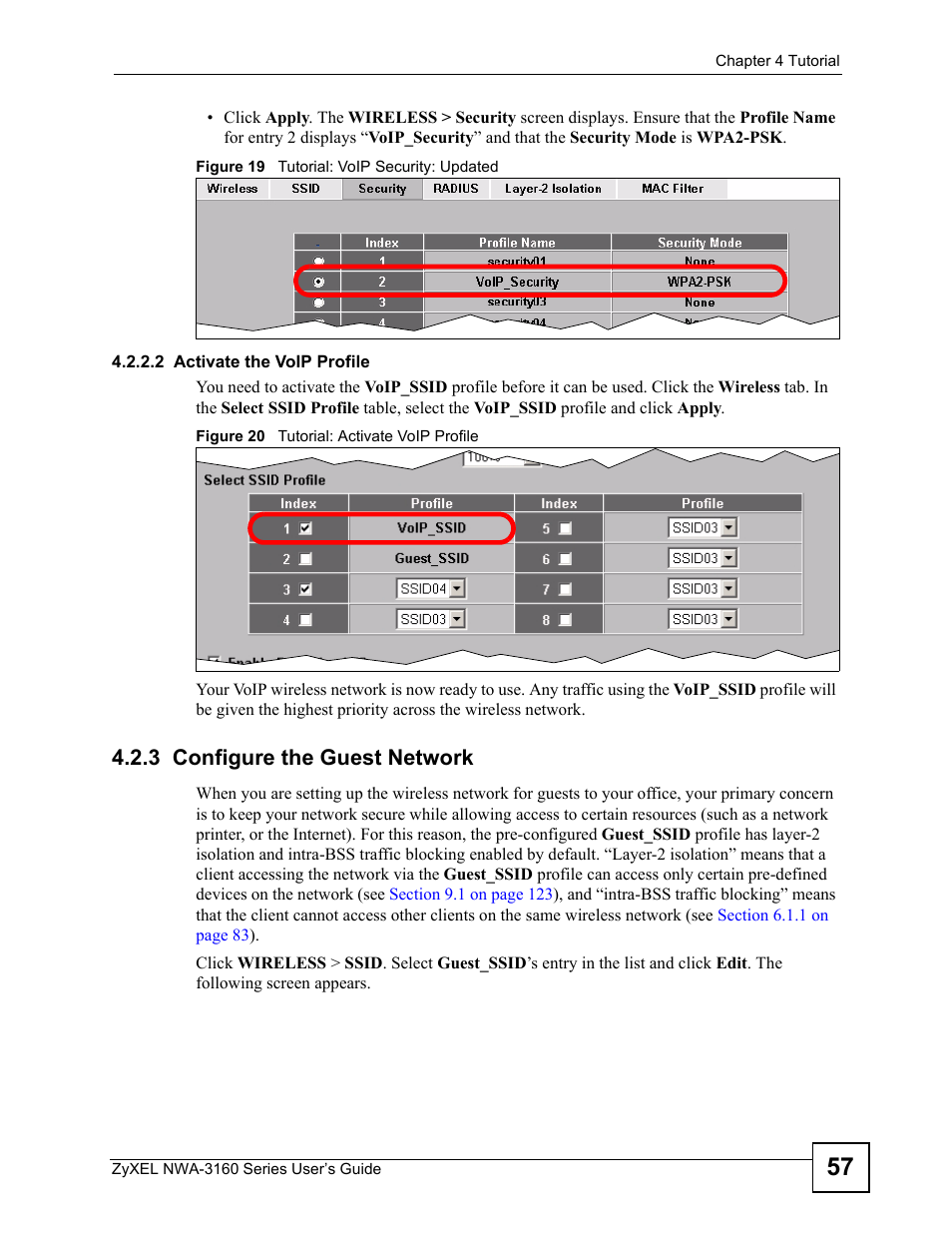 3 configure the guest network, 2 activate the voip profile | ZyXEL Communications NWA-3160 Series User Manual | Page 57 / 320