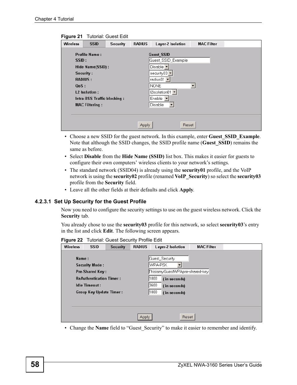 1 set up security for the guest profile | ZyXEL Communications NWA-3160 Series User Manual | Page 58 / 320