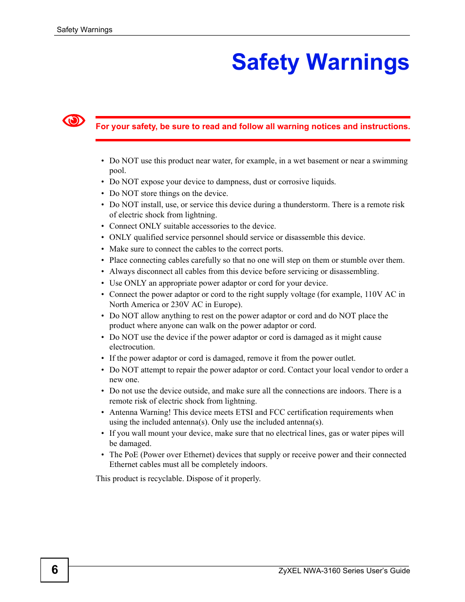 Safety warnings | ZyXEL Communications NWA-3160 Series User Manual | Page 6 / 320