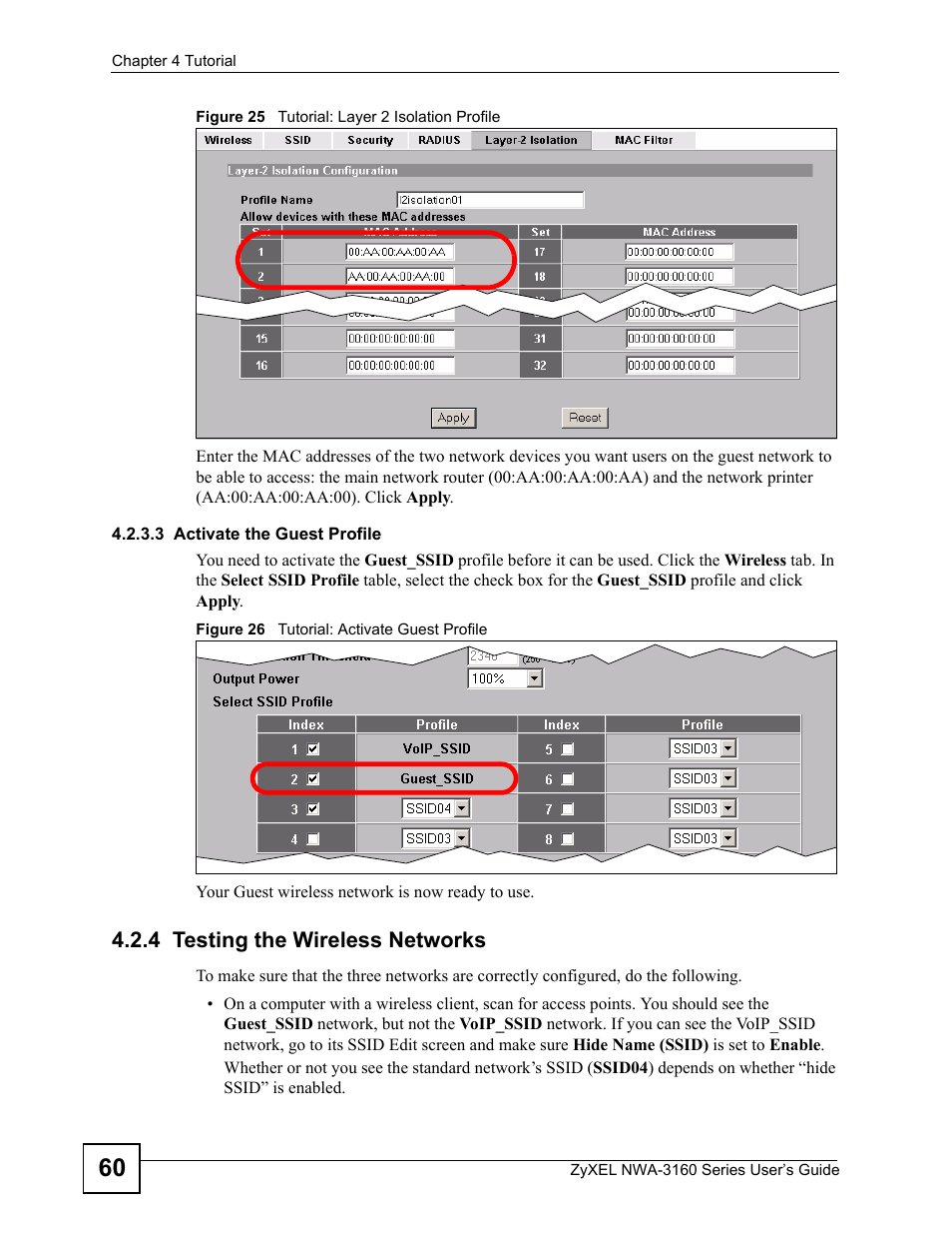 4 testing the wireless networks, 3 activate the guest profile | ZyXEL Communications NWA-3160 Series User Manual | Page 60 / 320