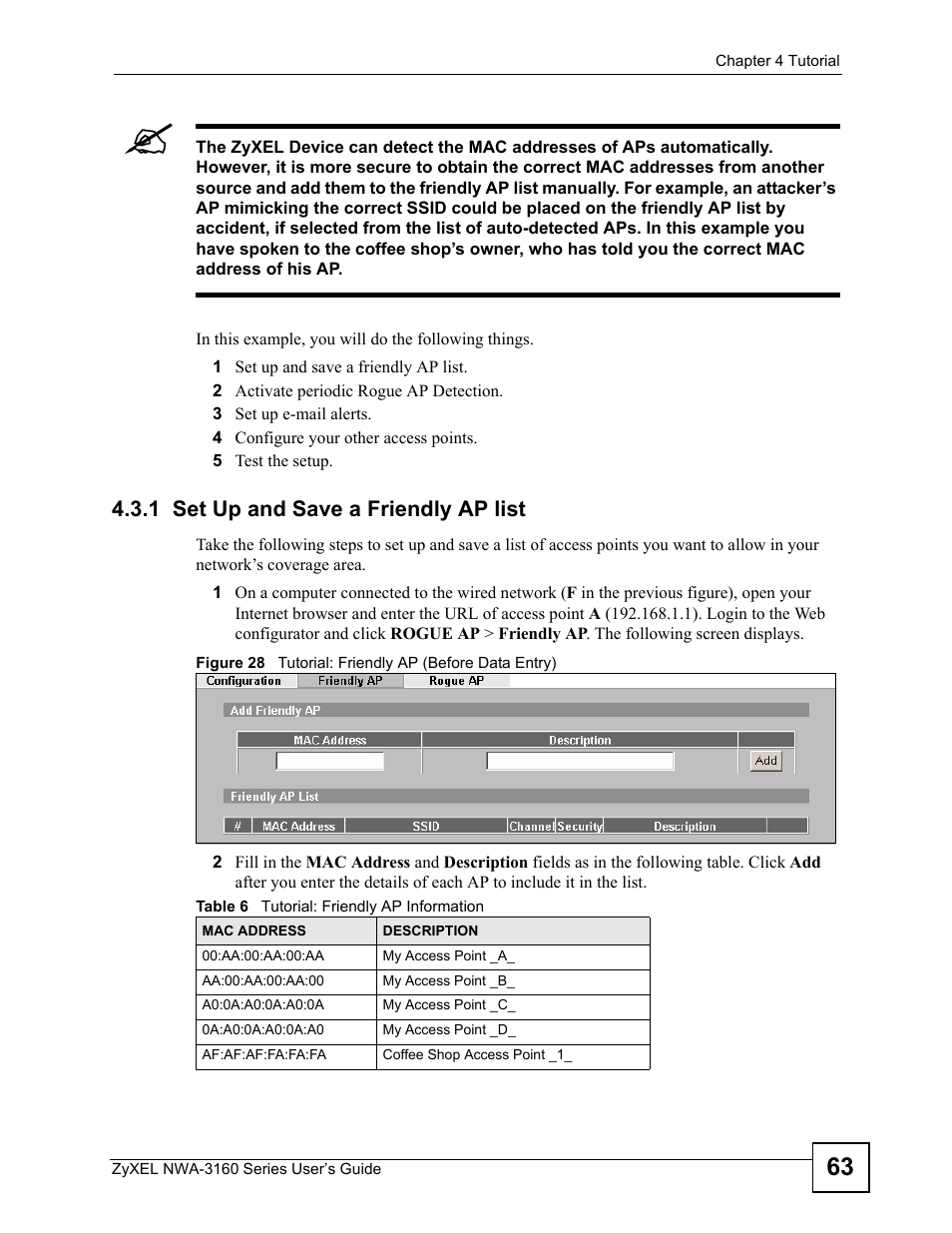 1 set up and save a friendly ap list, Table 6 tutorial: friendly ap information | ZyXEL Communications NWA-3160 Series User Manual | Page 63 / 320